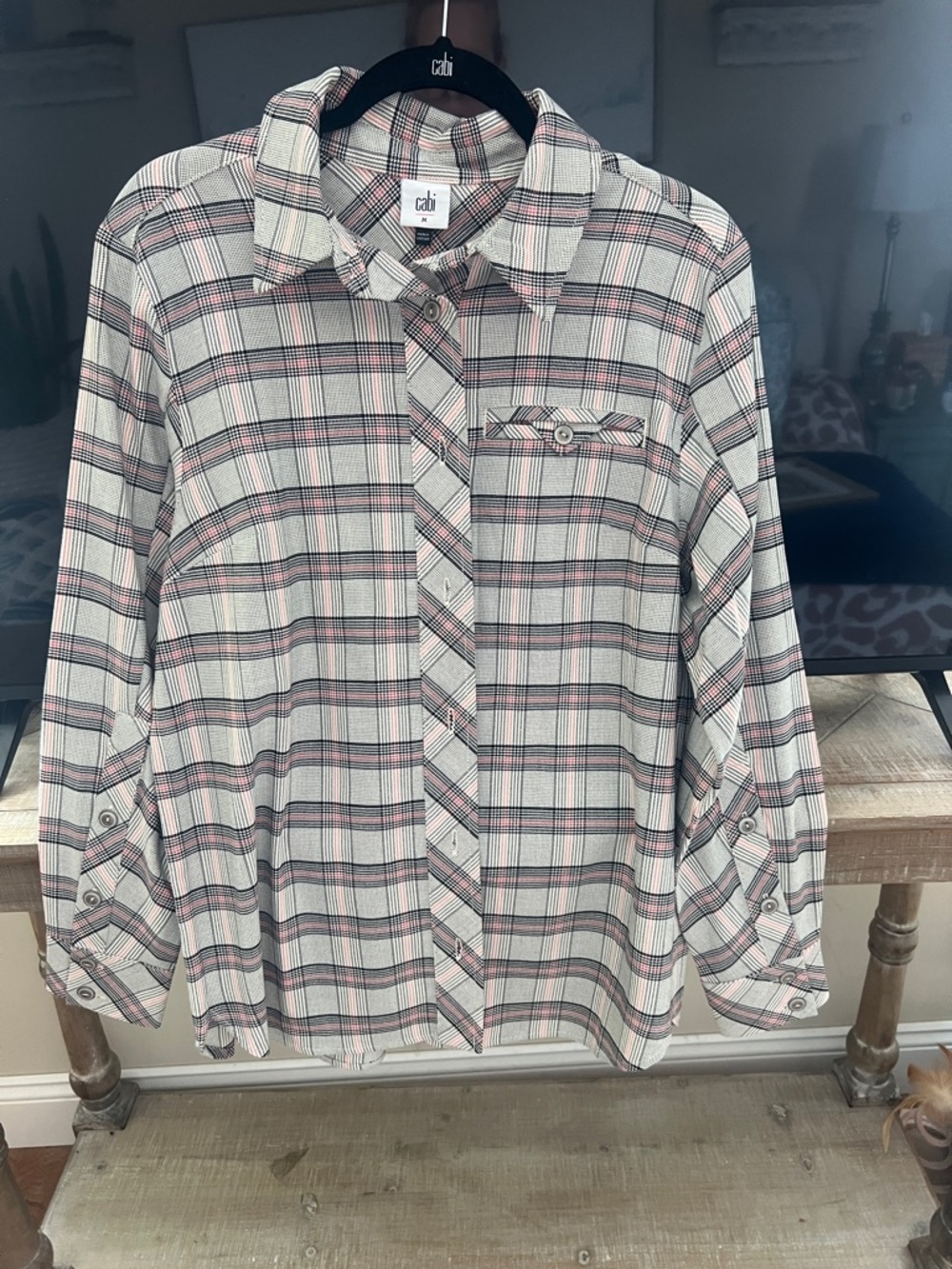 CAbi Plaid Button-Down Shirt in Cream, Black & Pink